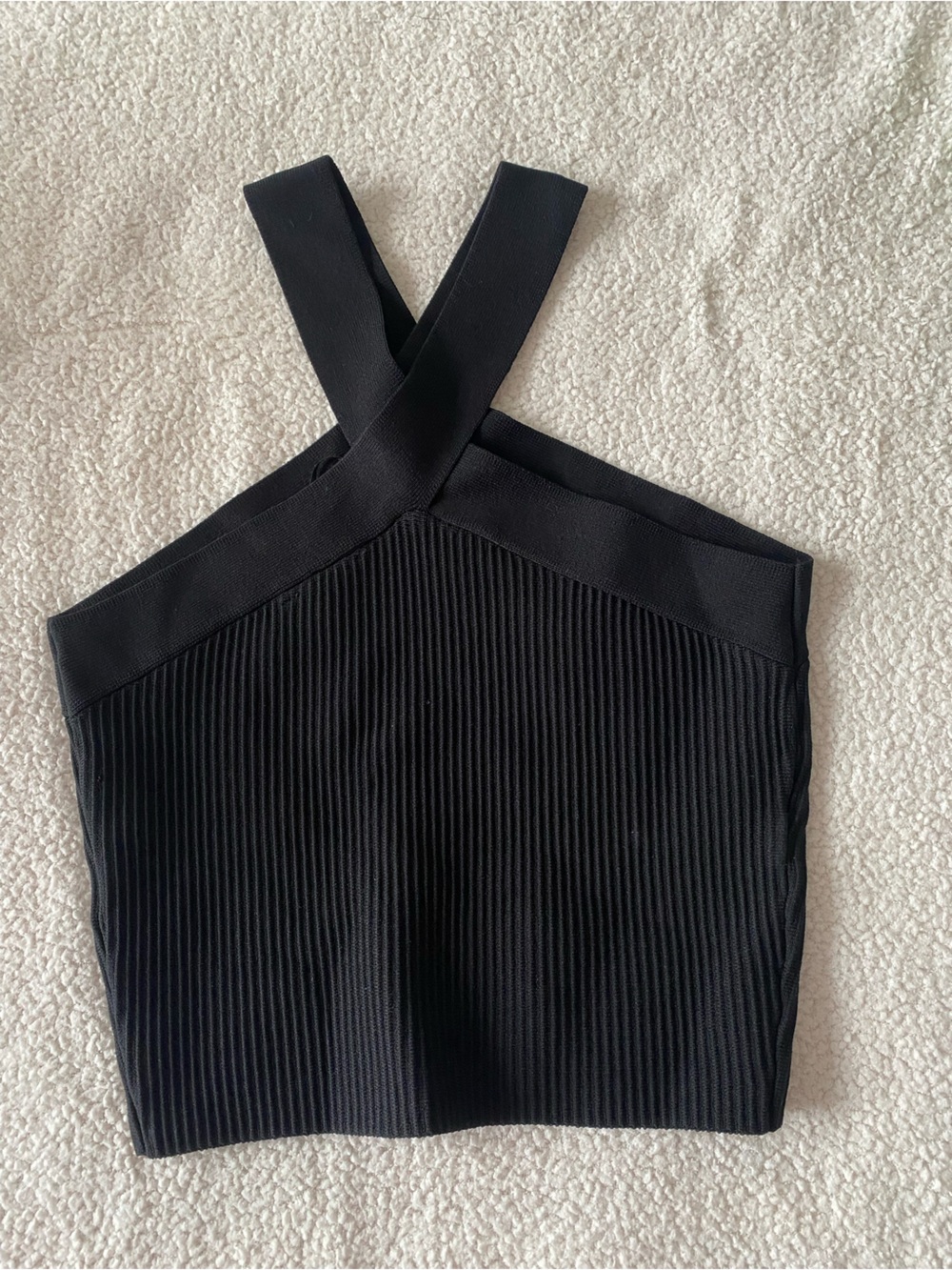 Boutique Black Ribbed Wrap Tie Crop Top OSFM